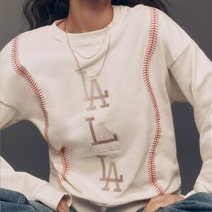 NWOT Anthropologie Terez Cream Pullover with Red Baseball Stitch & Metallic